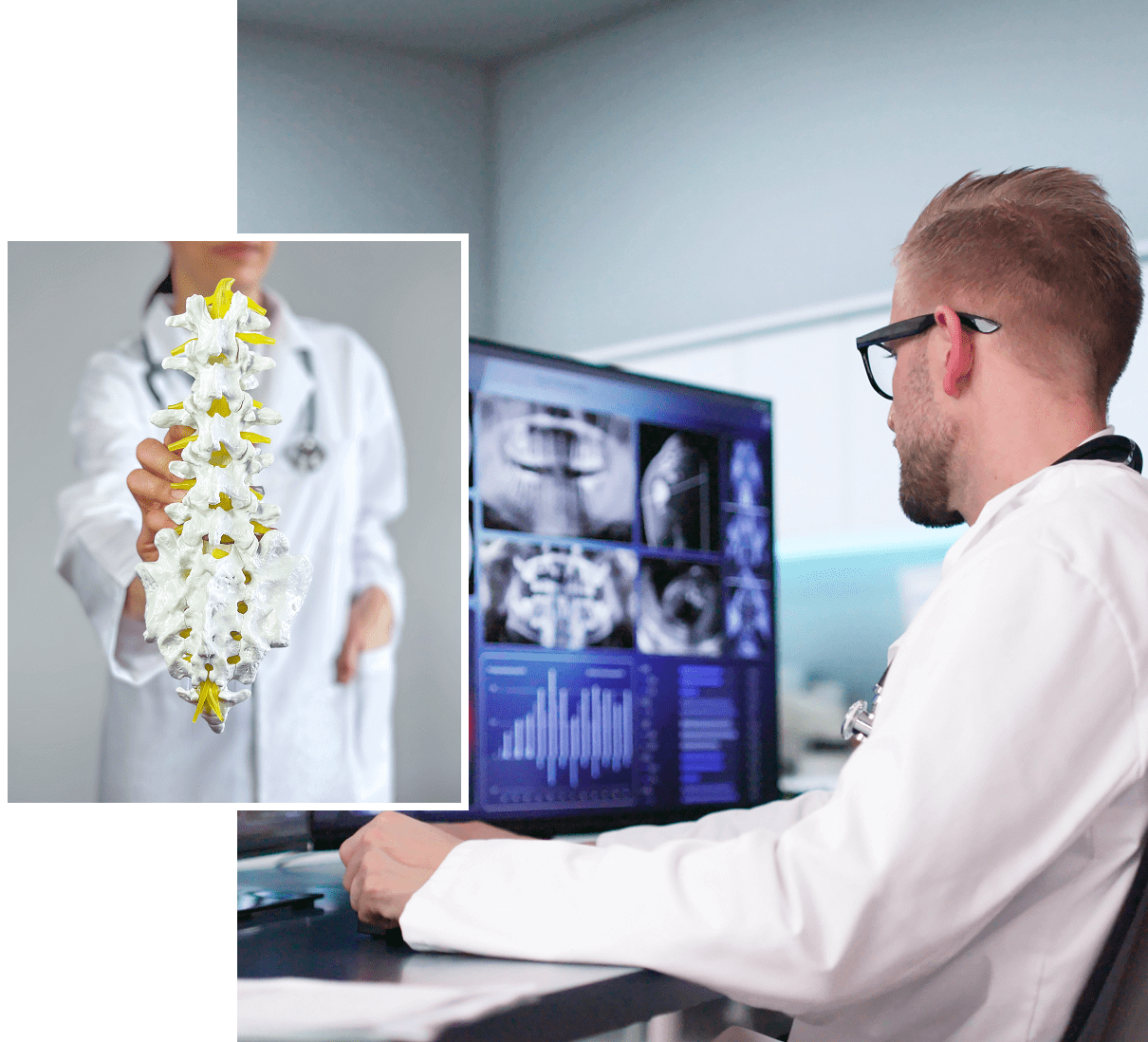 Doctor analyzing spinal images on computer.